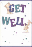 Capturing the uplifting essence that defines Holborn's caring spirit, this get well card's design is a radiant celebration of comfort and kindness. At its heart, two animated friends-a rosy-cheeked teddy bear and a spirited puppy-seem to leap from the page, each balancing and embracing the large letters of 'Get Well' with infectious joy. Their fur is illustrated with remarkable softness, inviting the imagination to linger in their gentle embrace, while the background, a soothing cream, allows every hue to sing. The text shines in beautiful shades of indigo and teal, providing a lively contrast that lifts the viewer much like a surprise bouquet delivered to a friend on Theobalds Road. Stars in tones of blue and purple twinkle above and around, infusing the image with a whimsical, hopeful energy. There's an emotional salve in every detail: the kindness in their eyes, the smooth flow of lines, and the buoyant mood that promises recovery and care. As a florist in Holborn, I see in this illustration the same dedication we pour into each arrangement-placing every stem and bloom with thoughtful intention so that comfort and joy reach those who need them most.